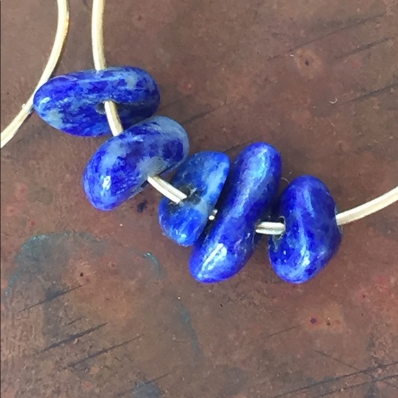 Vintage Earrings - gold hoops w lapis beads - Picture 3 of 5